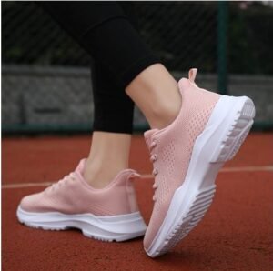 Sport Fashion Sneakers Women Shoes Fly Weaving Flats Casual Ladies Shoe Woman Lace-Up Mesh Light Breathable Female Vulcanize Shoes Pink