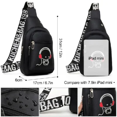 Men Luminous Chest Bag Sling Bag Wallet Wired Earphones Set - Black