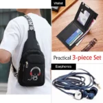 Men Luminous Chest Bag Sling Bag Wallet Wired Earphones Set - Black