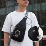 Men Luminous Chest Bag Sling Bag Wallet Wired Earphones Set - Black