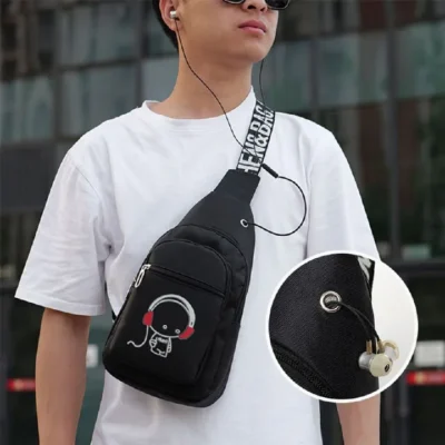 Men Luminous Chest Bag Sling Bag Wallet Wired Earphones Set - Black
