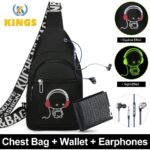 Men Luminous Chest Bag Sling Bag Wallet Wired Earphones Set - Black