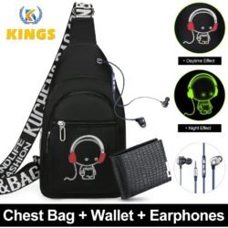 Men Luminous Chest Bag Sling Bag Wallet Wired Earphones Set - Black