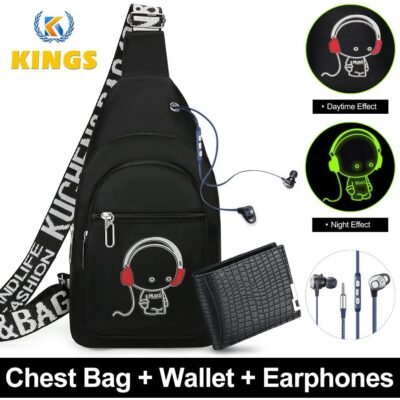 Men Luminous Chest Bag Sling Bag Wallet Wired Earphones Set - Black