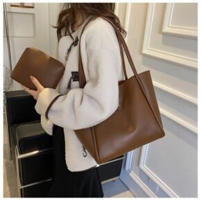 STY 2pcs Ladies Shoulder Bag Small Bag Set PU Leather Handbags Brown Tote Bag