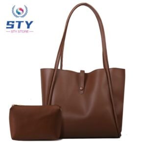 STY 2pcs Ladies Shoulder Bag Small Bag Set PU Leather Handbags Brown Tote Bag