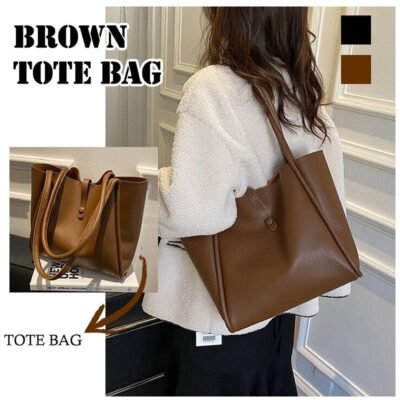 STY 2pcs Ladies Shoulder Bag Small Bag Set PU Leather Handbags Brown Tote Bag