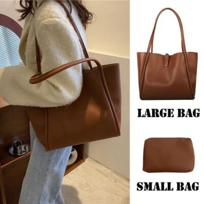 STY 2pcs Ladies Shoulder Bag Small Bag Set PU Leather Handbags Brown Tote Bag