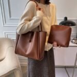 STY 2pcs Ladies Shoulder Bag Small Bag Set PU Leather Handbags Brown Tote Bag