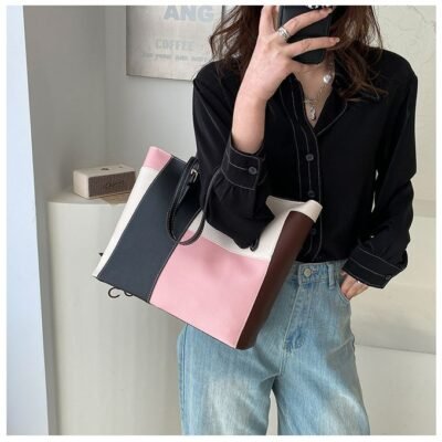 STY Ladies Shoulder Bag Women Handbags Tote Bag Large Capacity PU Color-Block Bag