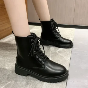 Ankle & Bootie British Style Thick Soled Leather Short Tube Black Factory Women's Boots Women Winter High Martin Boots Boots Women's Black Fried Street Thin Martin