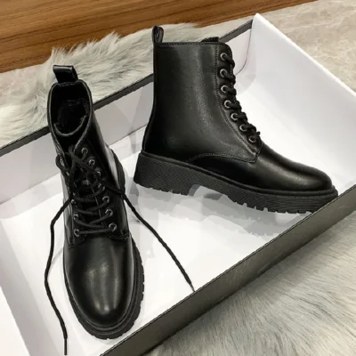 Ankle & Bootie British Style Thick Soled Leather Short Tube Black Factory Women's Boots Women Winter High Martin Boots Boots Women's Black Fried Street Thin Martin