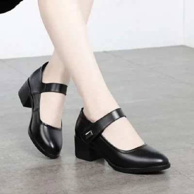 Fashion （h）Women Fashion Sweet Red Comfort Buckle Strap Square Heel Pumps Lady Casual Black Pu Leather Office High Heel Shoes Zapatos E9023 DON