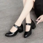 Fashion （h）Women Fashion Sweet Red Comfort Buckle Strap Square Heel Pumps Lady Casual Black Pu Leather Office High Heel Shoes Zapatos E9023 DON