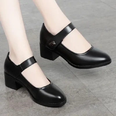 Fashion （h）Women Fashion Sweet Red Comfort Buckle Strap Square Heel Pumps Lady Casual Black Pu Leather Office High Heel Shoes Zapatos E9023 DON