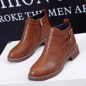 New Women’s Ankle Boots Fashion Retro Platform Shoe Woman Round Toe Med