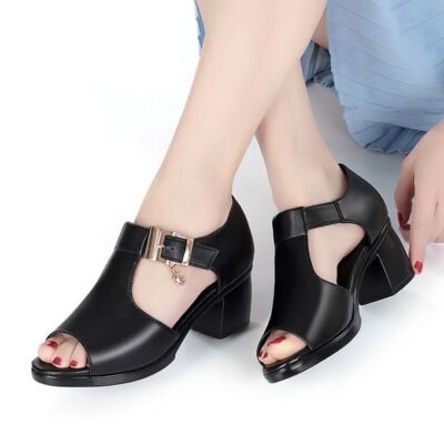 Fashion Ladies Shoes Fish Mouth Sandals Women Style Roman Versatile Fashion Black Heels