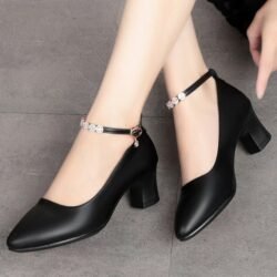 Fashion Women Shoes Mid Heel Shoes Soft PU Leather Fashion High Heels Black Ladies Shoe