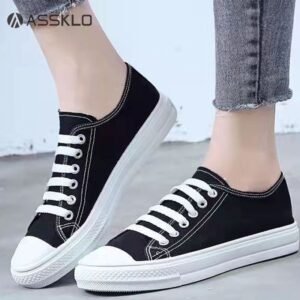 ASSKLO Flats shoes flat heel low top solid color black women's canvas small white shoes versatile version